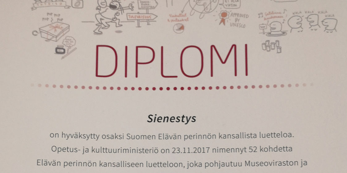 Diplomi sienestyksen hyväksymisestä osaksi Suomen Elävän perinnön kansallista luetteloa.